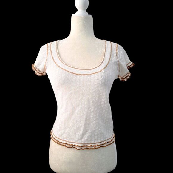 Free People Garner Baby Tee Blouse Top White Short Sleeve Lettuce Hem Cotton XS - Picture 8 of 9